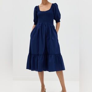 Hill House The Louisa Nap Midi Navy Smocked Dress Puff Sleeves 100% Cotton XXL